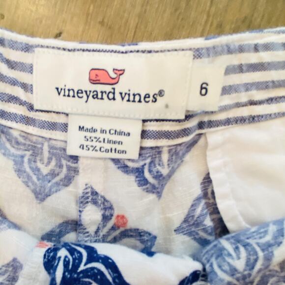 Vineyard Vines Shorts Womens 6 Blue White Linen Cotton Tile Print Drawstring - Picture 3 of 5